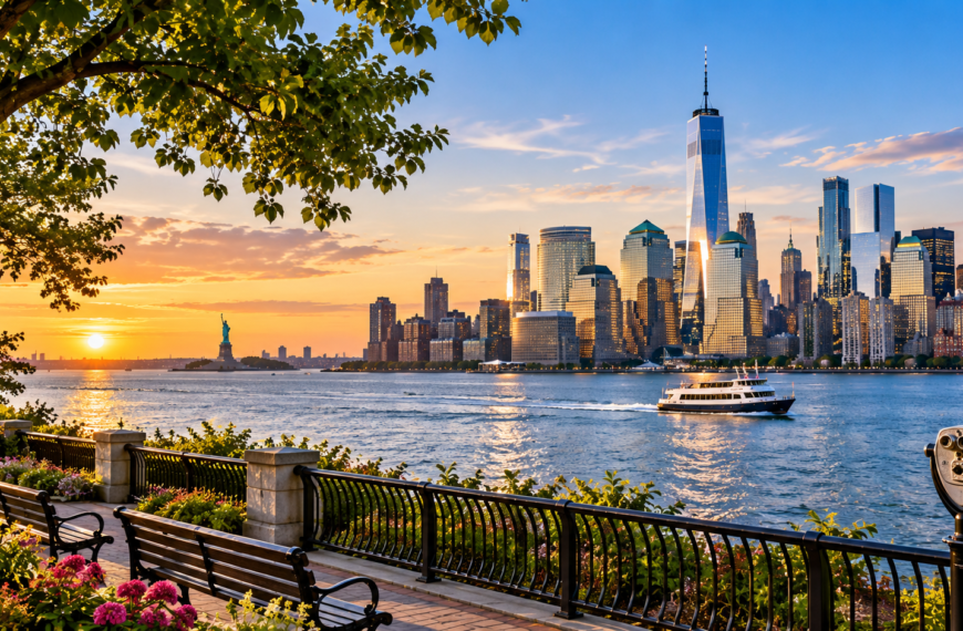 New Jersey waterfront overlooking the Hudson River and Lower Manhattan skyline at sunset with a ferry and Statue of Liberty in the distance.