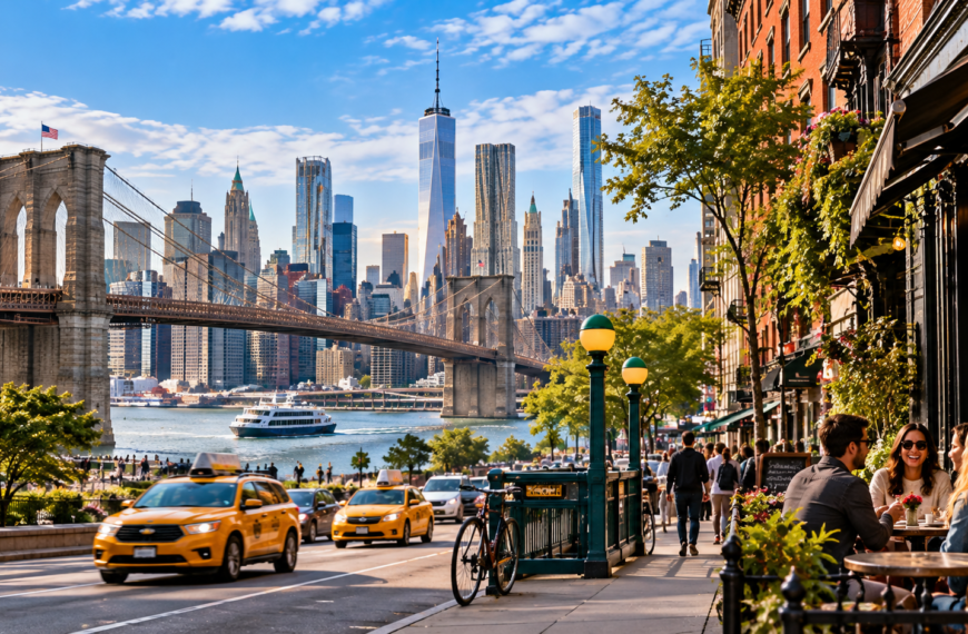 Brooklyn Bridge and Manhattan skyline with One World Trade Center, yellow taxis, waterfront, and outdoor dining in New York City.