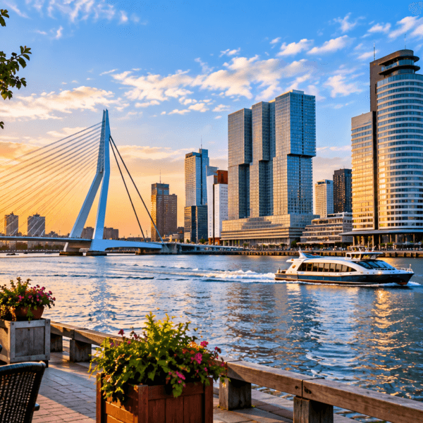 Rotterdam skyline and Erasmus Bridge at sunset with a boat on the Nieuwe Maas and a waterfront terrace in the foreground.