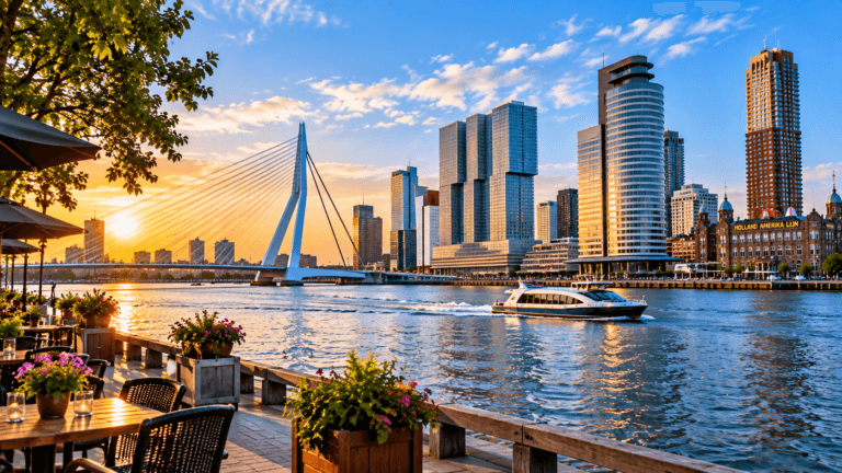 Rotterdam skyline and Erasmus Bridge at sunset with a boat on the Nieuwe Maas and a waterfront terrace in the foreground.