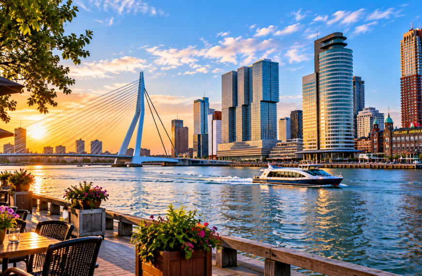 Rotterdam skyline and Erasmus Bridge at sunset with a boat on the Nieuwe Maas and a waterfront terrace in the foreground.