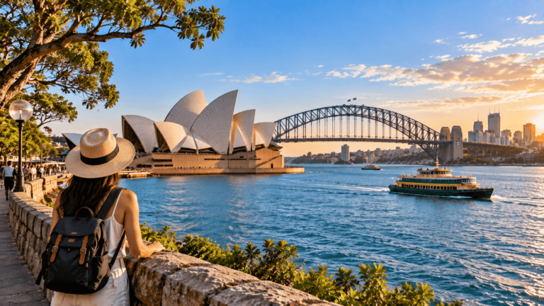 Traveler overlooking Sydney Harbour with the Sydney Opera House, Harbour Bridge, ferries, and waterfront at golden hour.
