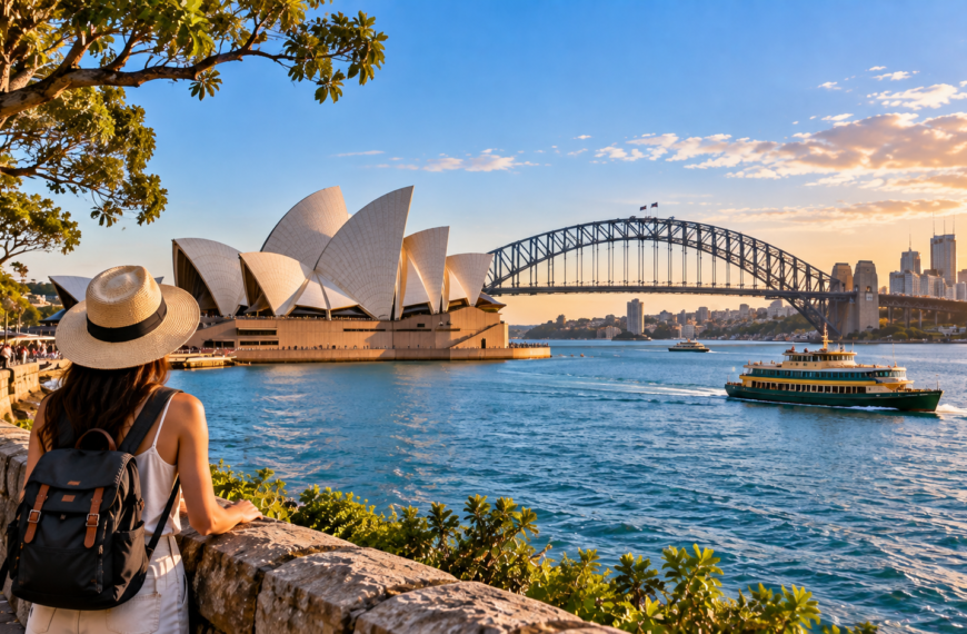 Traveler overlooking Sydney Harbour with the Sydney Opera House, Harbour Bridge, ferries, and waterfront at golden hour.