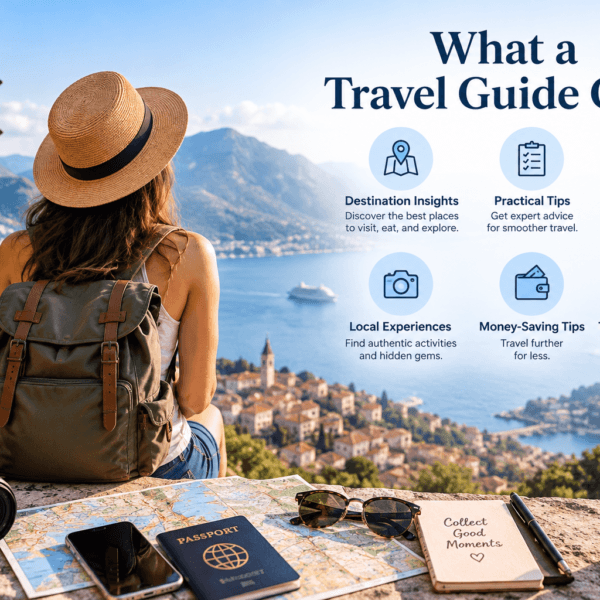 Travel planning scene with destination views, map, camera and six guide benefits including tips, itineraries and local experiences.