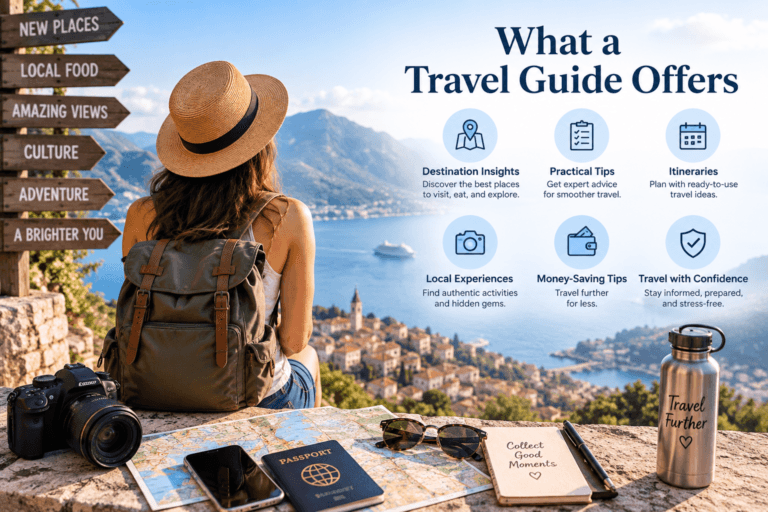 Travel planning scene with destination views, map, camera and six guide benefits including tips, itineraries and local experiences.