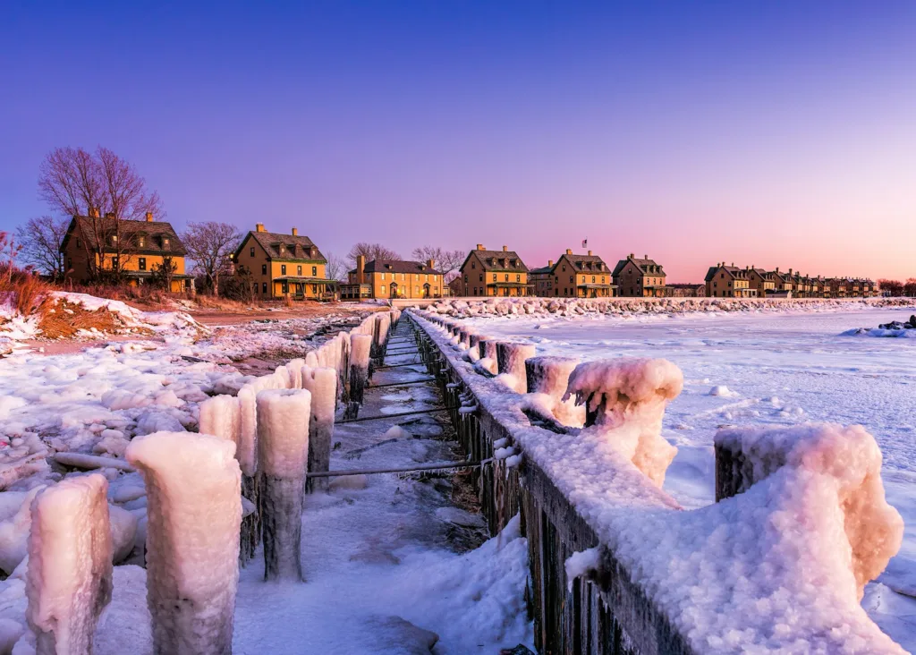 New Jersey Travel Guide a snow covered pier with houses in the background