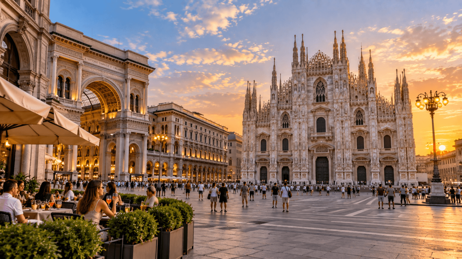 Milan Cathedral and Galleria Vittorio Emanuele II overlooking Piazza del Duomo during a lively evening in central Milan.