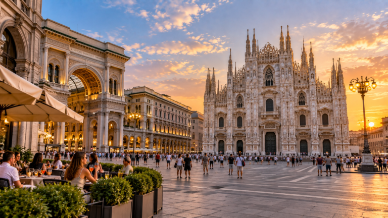 Milan Cathedral and Galleria Vittorio Emanuele II overlooking Piazza del Duomo during a lively evening in central Milan.