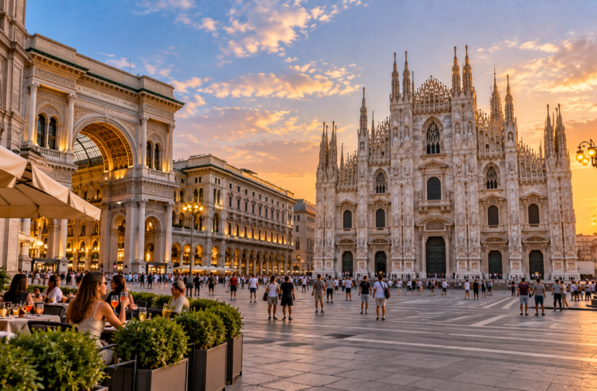 Milan Cathedral and Galleria Vittorio Emanuele II overlooking Piazza del Duomo during a lively evening in central Milan.