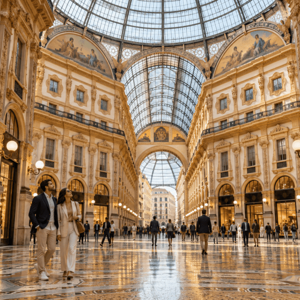 visitors beneath a glass dome in a Milan-inspired arcade with ornate facades and mosaic floors.