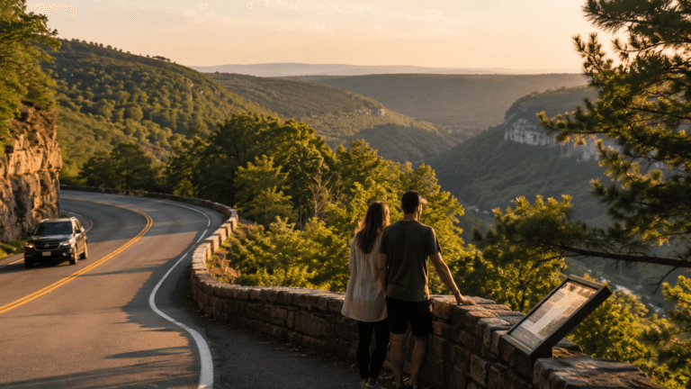 Golden hour mountain view with couple
