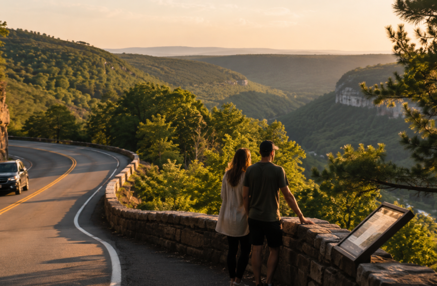 Golden hour mountain view with couple