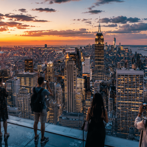 City skyline at sunset from observation deck
