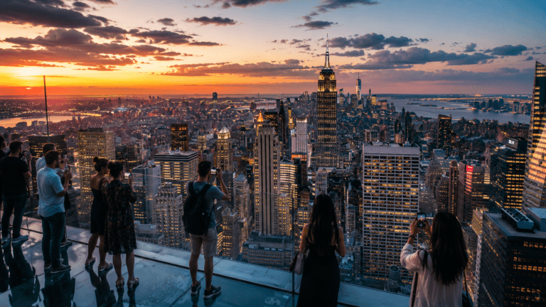 City skyline at sunset from observation deck