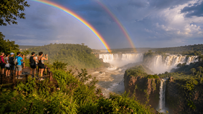 Double rainbow over majestic waterfall view