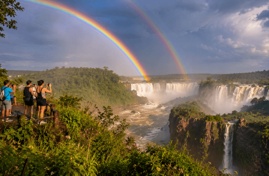 Double rainbow over majestic waterfall view