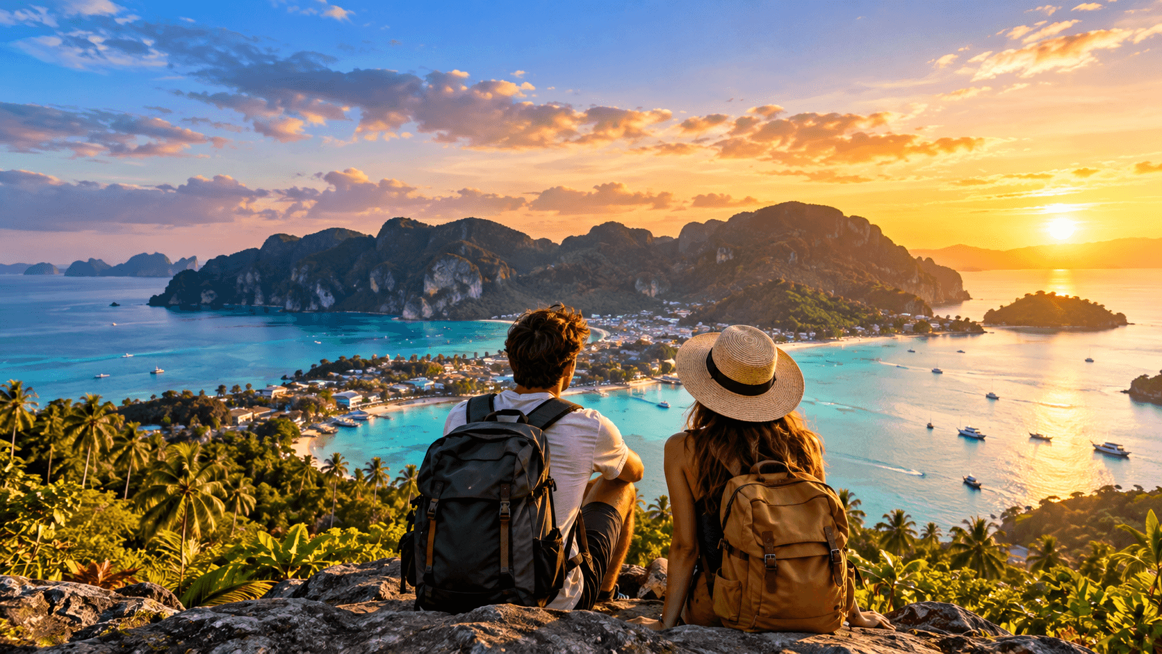 Two travelers overlooking a tropical island bay at sunset