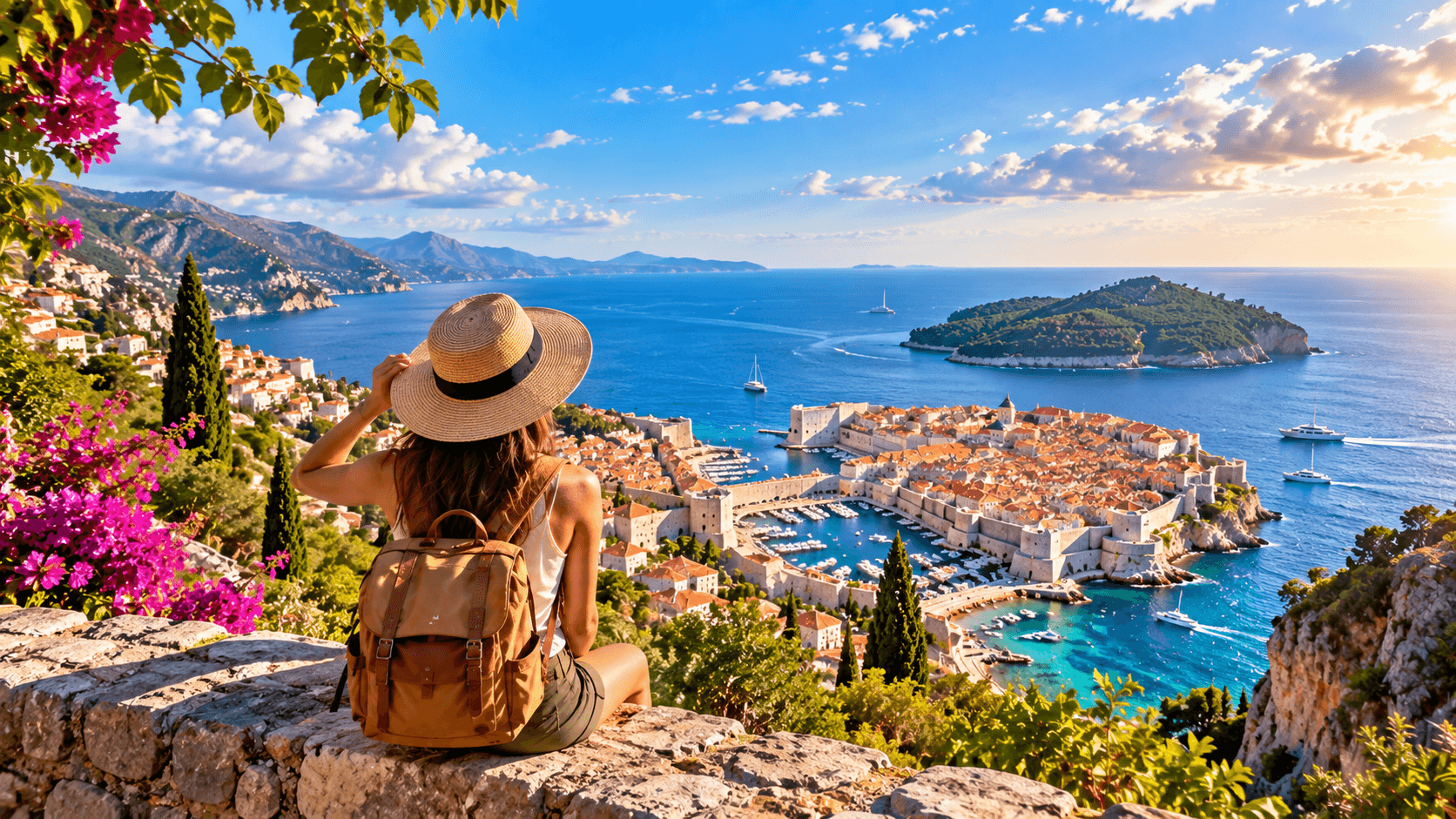 Solo traveler overlooking a historic coastal city and blue sea