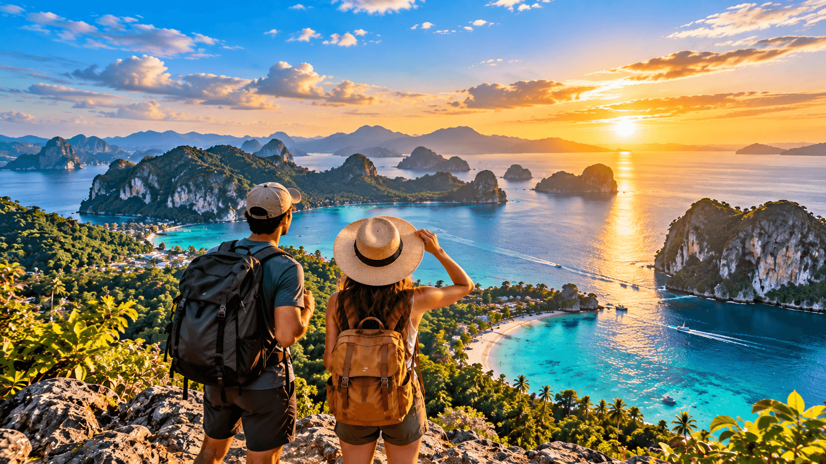 Two travelers overlooking tropical islands and turquoise waters at sunset