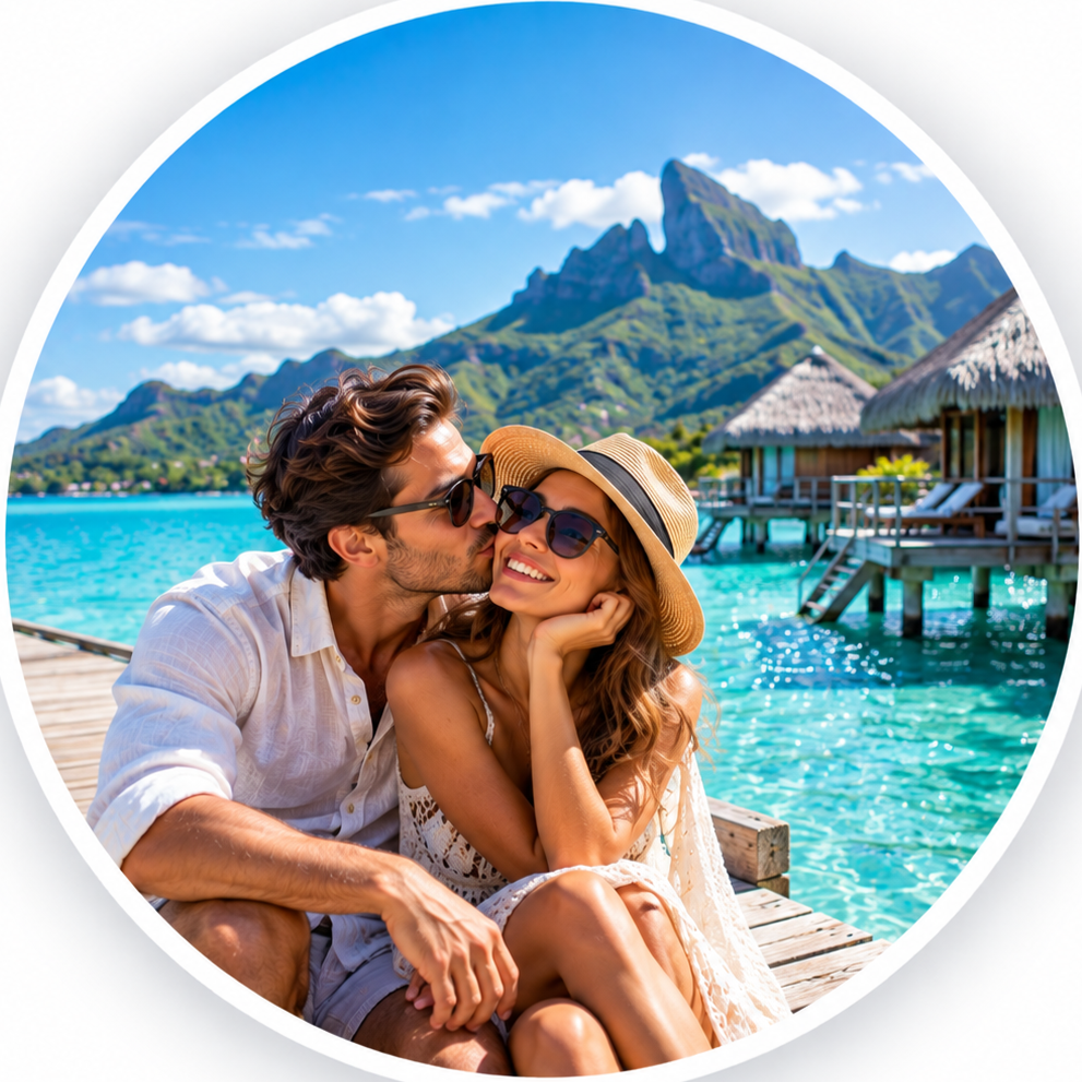 Happy honeymoon couple enjoying a tropical island getaway