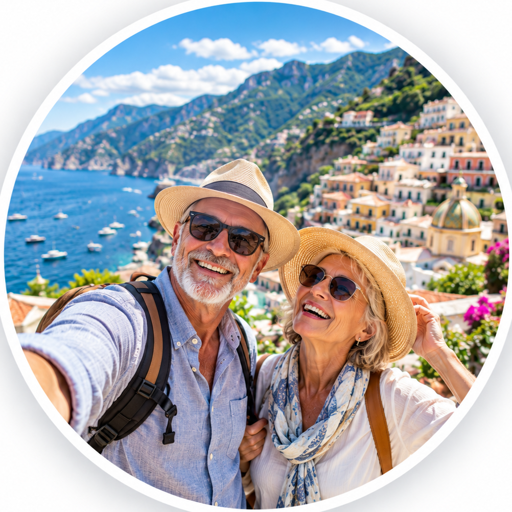 Happy older couple traveling together on vacation